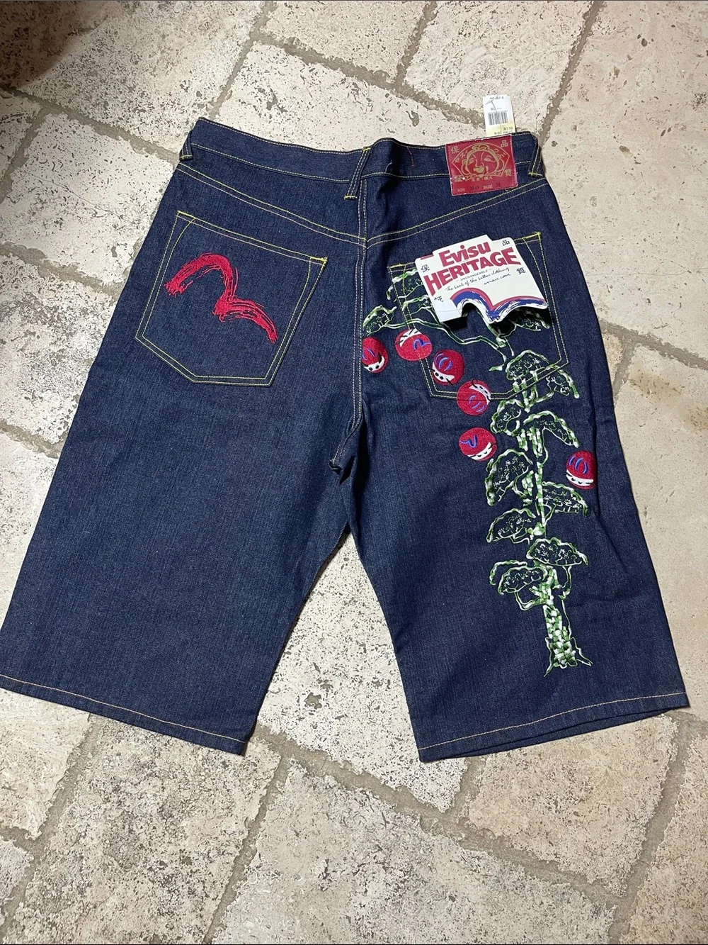 Evisu Heritage Y2K  Blue Denim Shorts With Cherry Graphic Embroidered Size 38